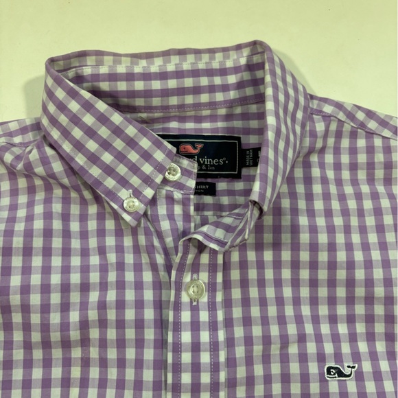 Vineyard Vines Boys Gingham Checked Button Down Shirt Purple/White Size Large - Picture 3 of 7
